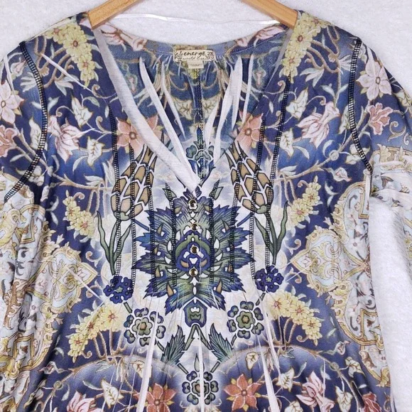 Energie 2X Boho Tunic Top Multicolor Bell Sleeve Floral Print Blouse - Picture 2 of 9